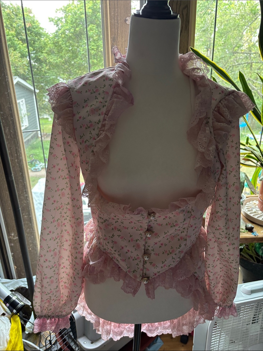 SHEIN Pink Floral Ruffle Corset Blouse